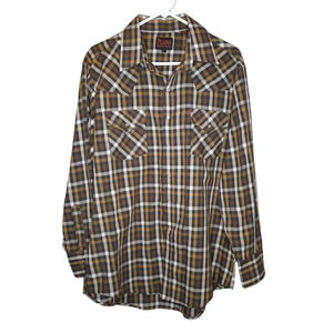 Plains Western Wear Brown Plaid Pearl Snap Button Down Long Sleeve Shirt Large